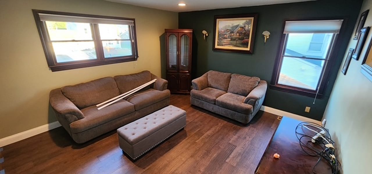 Wide dark plank flooring installed in a living room with a green accent wall by Frankie D&rsquo;s Flooring