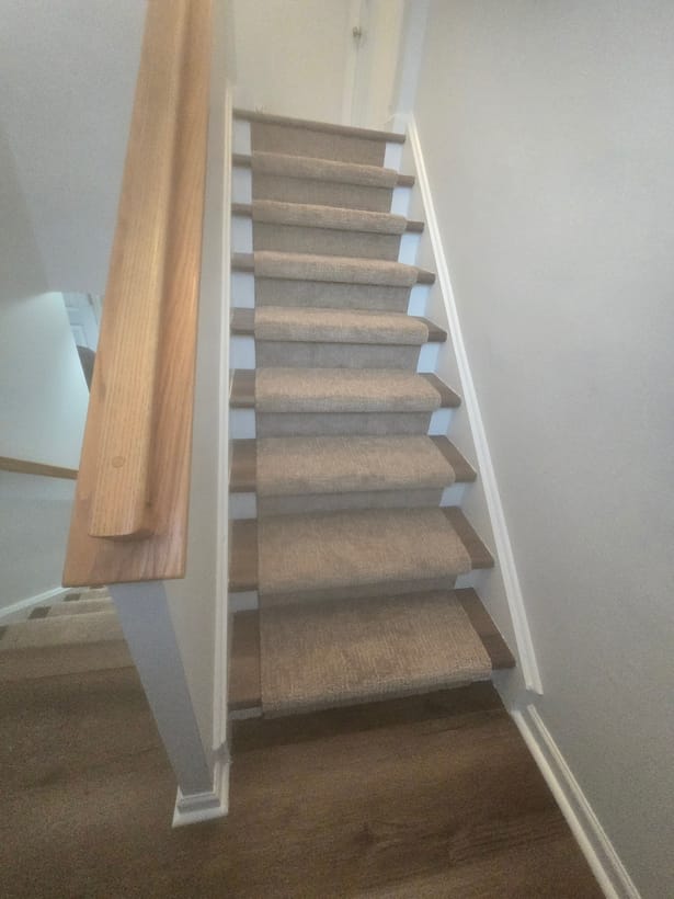 Custom carpet stair runner over hardwood by Frankie D&rsquo;s Flooring