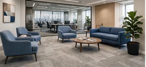 Grey patterned broadloom carpet running through an open lounge area