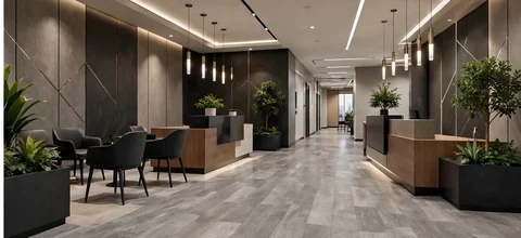 Grey stone-look luxury vinyl plank down a wide reception corridor